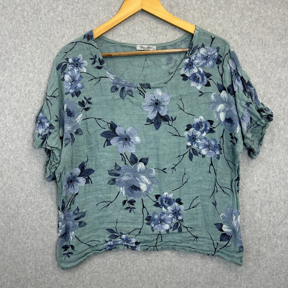 Elena Baldi Floral Linen Top Blue Green Ruffle Sleeve Italy Women Size Small